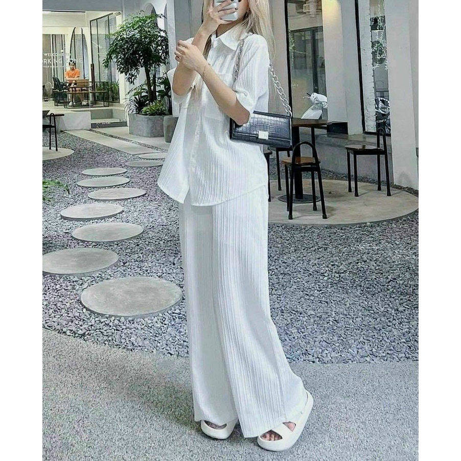 (Miễn Phí Ship 2022) Sét bộ nữ ống rộng,bộ tole áo sơ mi tay ngắn from rộng mix quần có túi,chất xô gân cao cấp