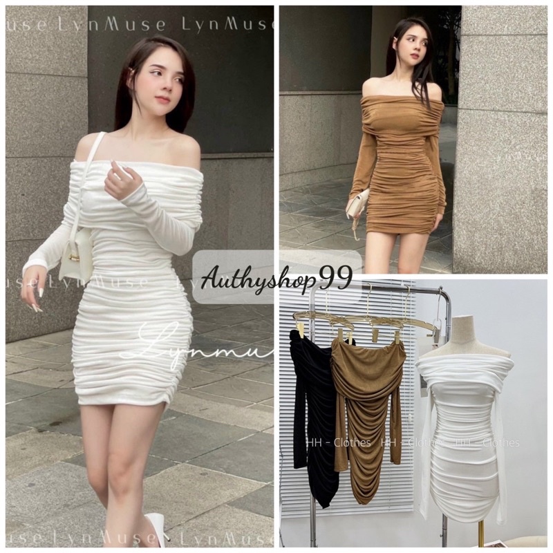 Đầm trễ vai dài tay ôm body sang chảnh, Váy trễ vai nhún ôm body
