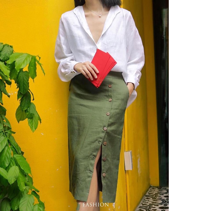Sét áo sơ mi nữ cổ tầu tay bom Linen Tưng Premium kèm chân váy bút chì