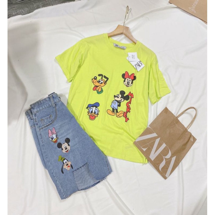 Sét áo xanh mix quần bò rách Mickey vui nhộn