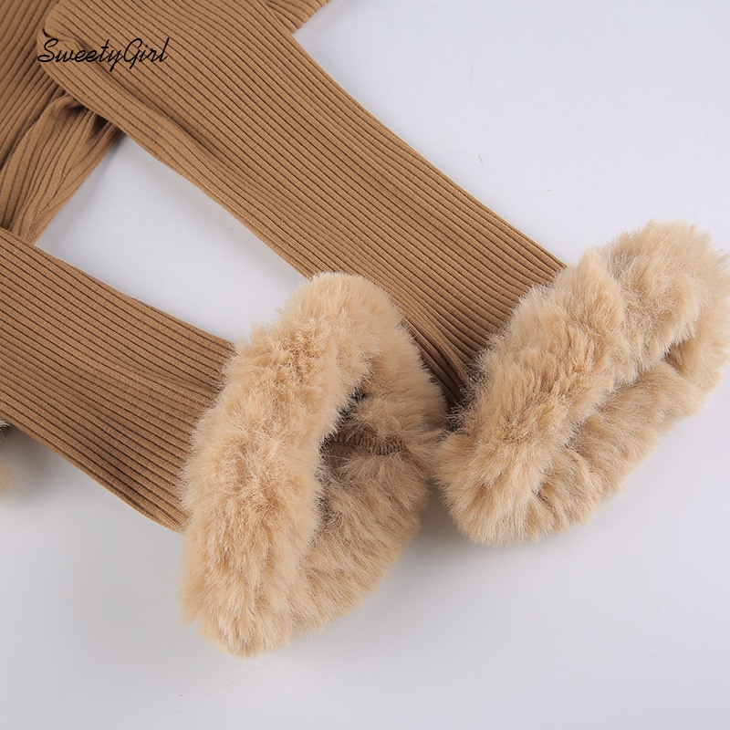 Áo croptop tay dài cổ chữ V màu trơn viền lông thời trang cho nữ