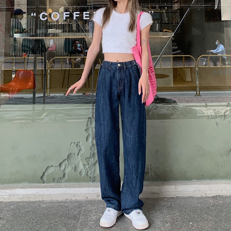 SUXI Quần jean ống rộng lưng cao phong cách Hàn Quốc thời trang mùa hè dành cho nữ