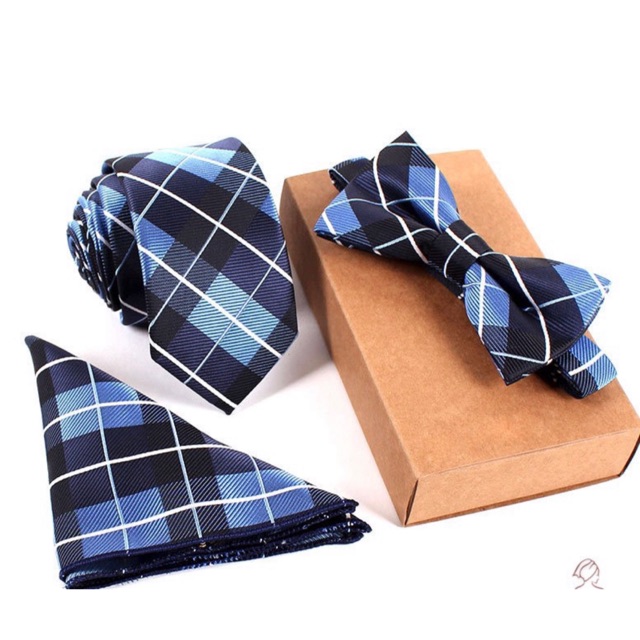 Set Cà vạt 6cm màu xanh kẻ vuông, Nơ và Khăn