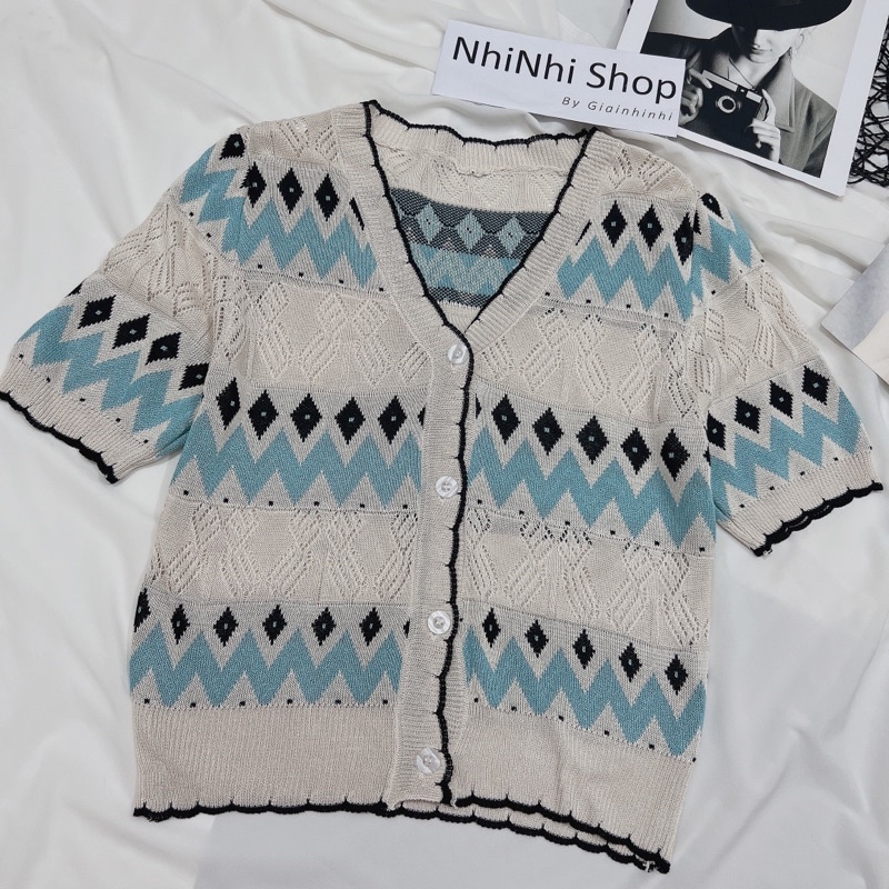 Áo len cadigan mỏng ngắn tay hoạ tiết hoa, Khoác len cổ tim AL1463 - NhiNhi Shop