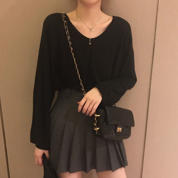 Áo Thun Tay Dài Cổ Chữ V Màu Sắc Đơn Giản Cho Nữ