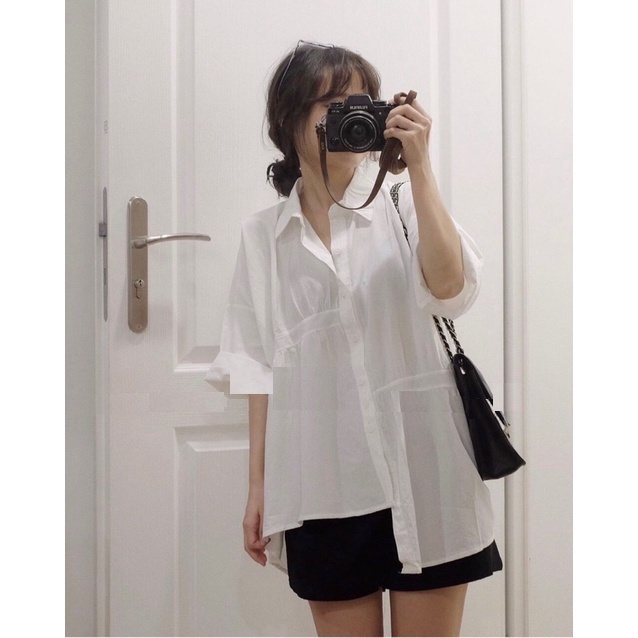 Áo Sơ Mi Phối Chun Eo Lệch Vạt PEONYB Nữ [FREESHIP]  Thun kiểu công sở học sinh form rộng tay lỡ hàn quốc Ulzzang