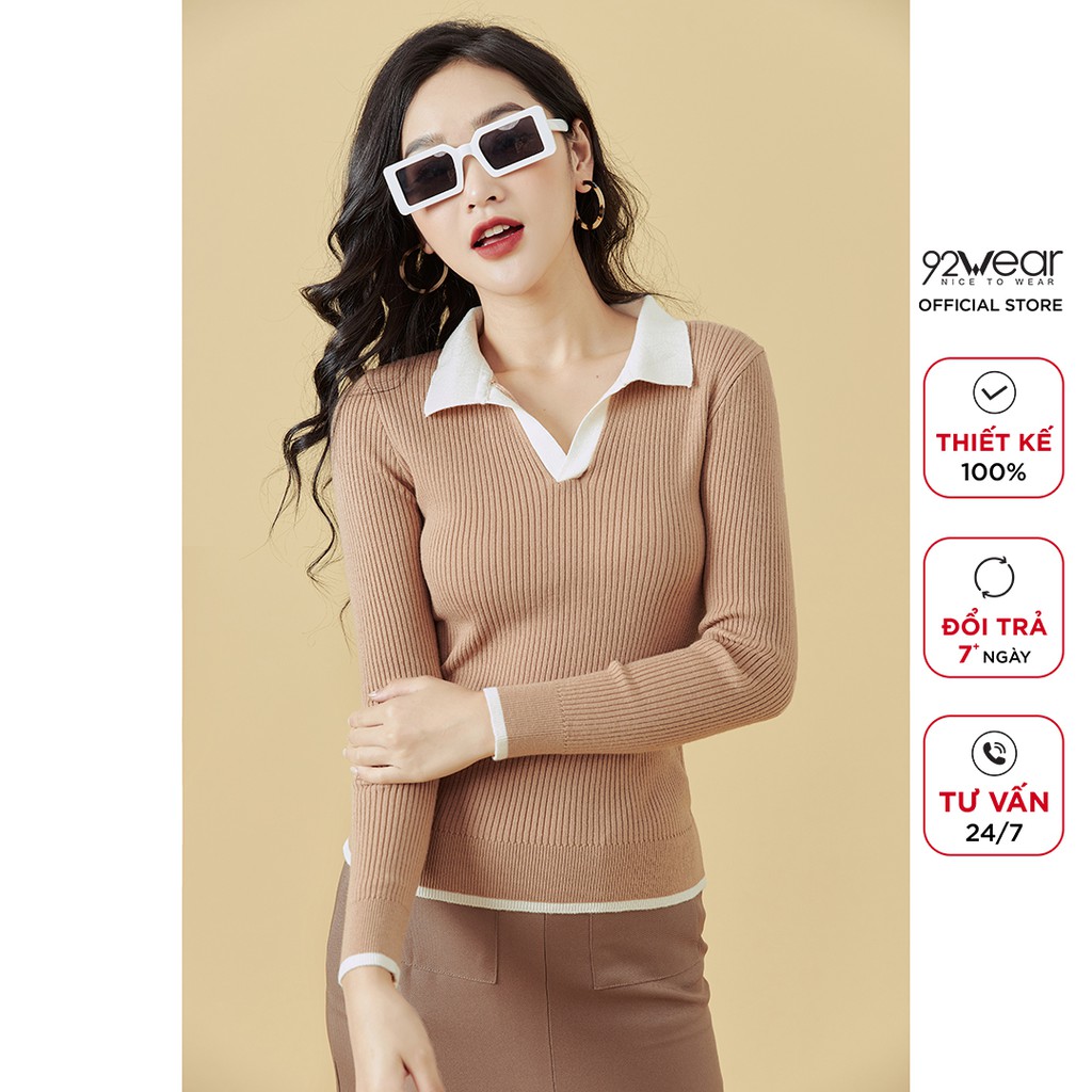 Áo len dài tay mỏng phối cổ 92WEAR, co giãn, tôn dáng ALA0061 | BigBuy360 - bigbuy360.vn