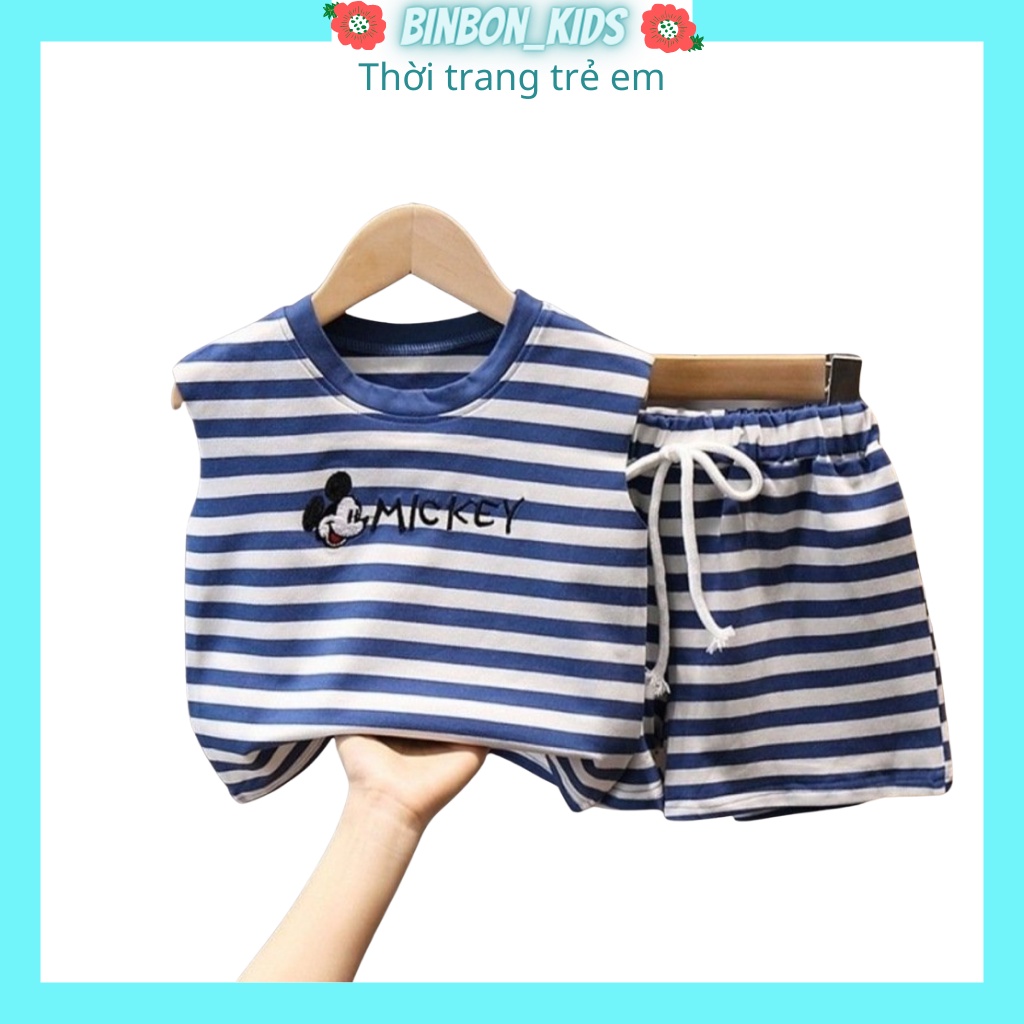 Bộ sát nách cho bé binbon kids, bộ ba lỗ cho bé trai bé gái chất thun cotton kẻ ngang Mickey cho bé từ 7-25kg