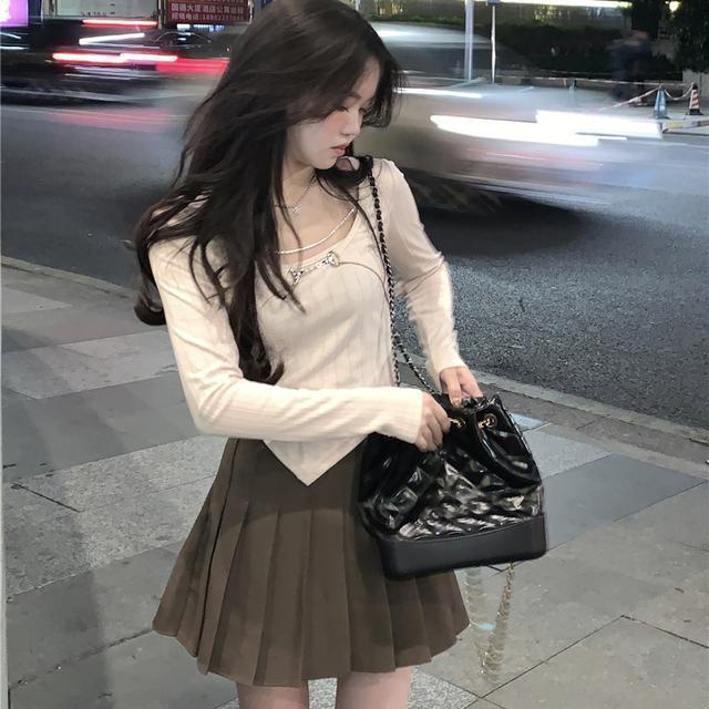 Jiashucheng Áo Thun Dài Tay Phối Dây Xích Giả Hai Mảnh Thiết Kế Ngọt Ngào Cho Nữ
