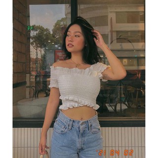 Áo croptop nhún thun đắp chéo bèo