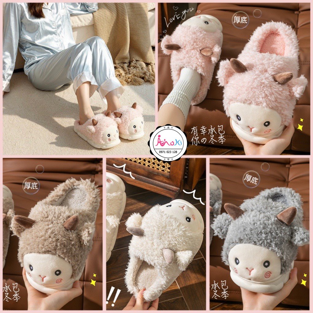 Dép Bông Hình Cừu Dễ Thương Đi Trong Nhà Mokimart, Dép Lông Nữ Cao Cấp Đáng Yêu Dày Ấm