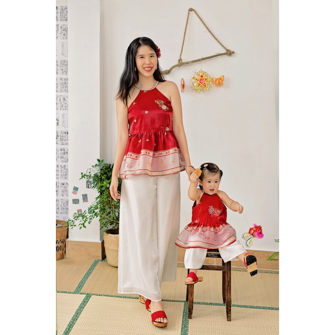 Sumire Store Áo yếm xòe organza Hoa Niên Ca - Đỏ