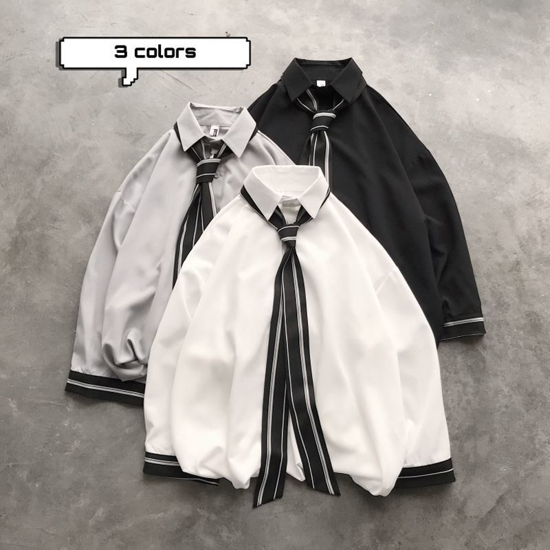 Áo Sơ Mi Tay Dài Họa Tiết Cà Vạt Thời Trang Hàn Quốc Cho Nam Nữ