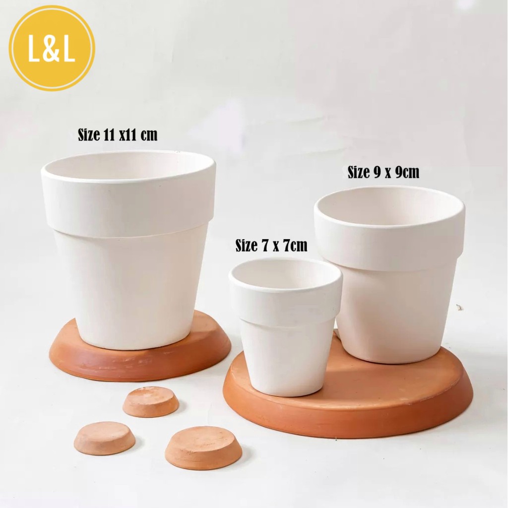 Bộ 3 chậu đất nung vành miệng trắng xinh xắn trồng cây cảnh để bàn, cây cảnh mini, sen đá, xương rồng