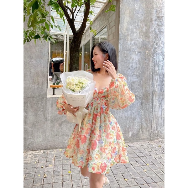 ĐẦM HOA CAM CUT OUT 2 BÊN NƠ LƯNG SAU