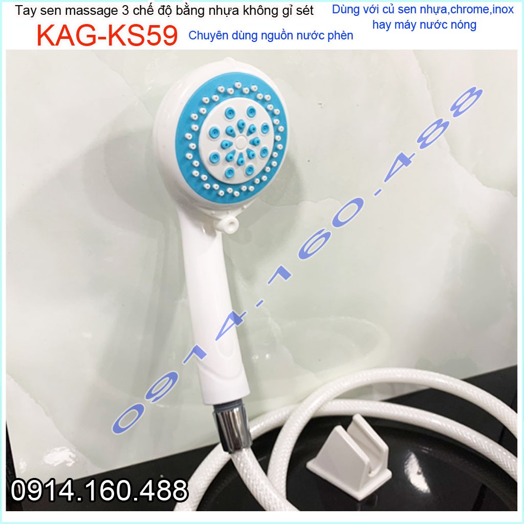 Vòi sen nhựa KAG-KS59 Shower head, trọn bộ bát sen nhựa 100% dùng vùng nước phèn không gỉ séc tia phun nước mạnh sử dụng