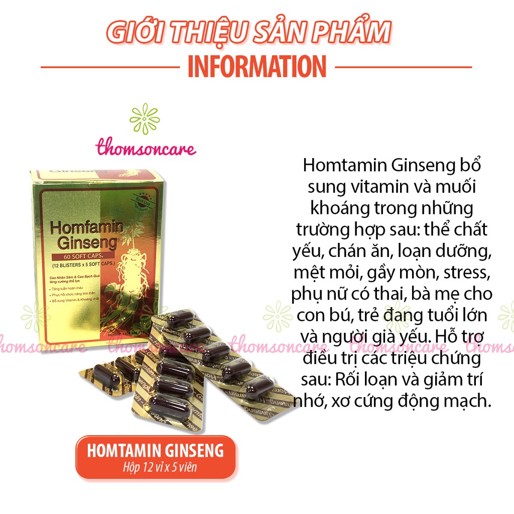 Bổ sung vitamin, nhân sâm giảm mệt mỏi, suy nhược cơ thể Homfamin Ginseng hộp 60 viên Homtamin