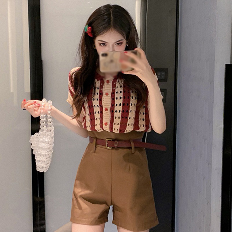 Áo Thun Dệt Kim Ngắn Tay Họa Tiết Kẻ Sọc Thời Trang Mùa Hè Cho Nữ