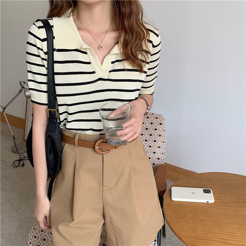 Áo dệt kim BH ngắn tay kẻ sọc thời trang mùa hè cho nữ