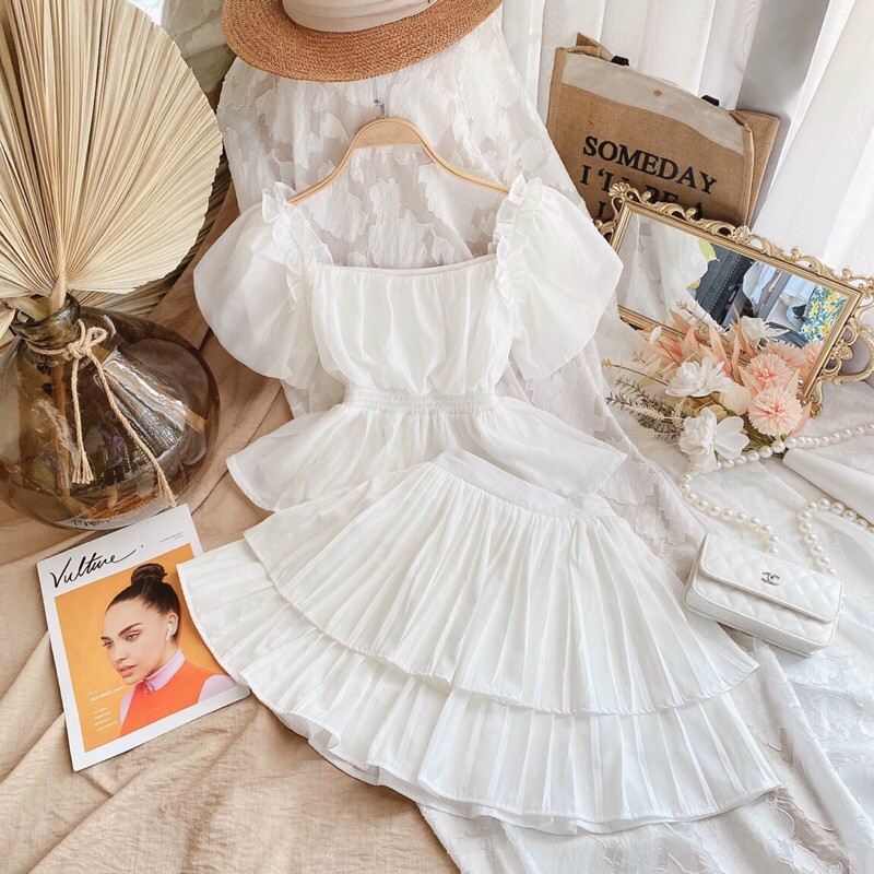 SET ÁO TRẮNG BO EO TAY PHỒNG CHAN VÁY