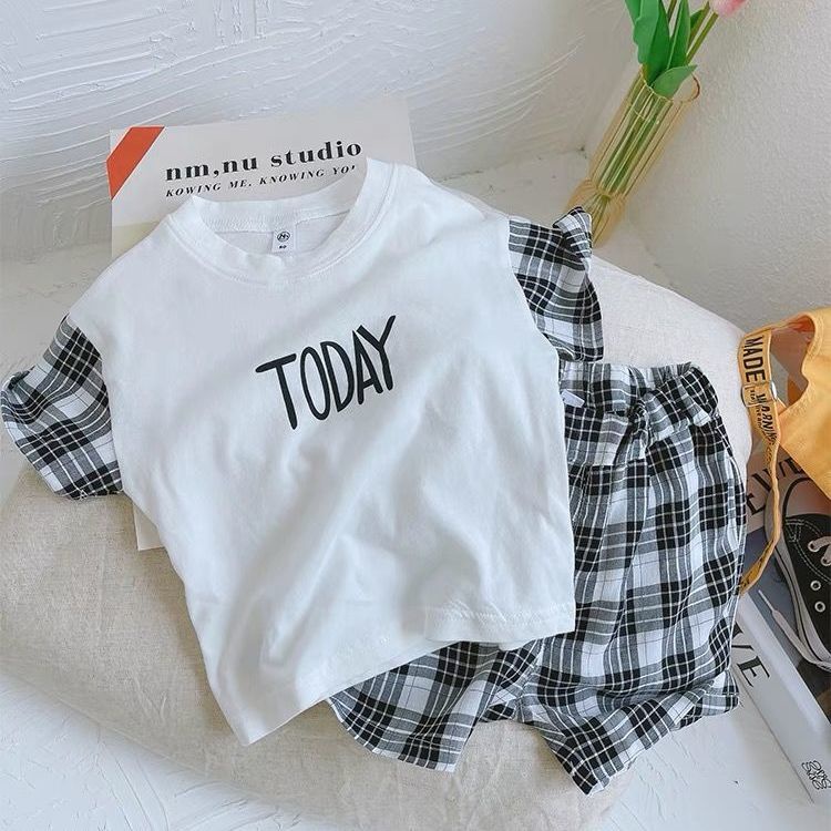 Set Áo Thun Ngắn Tay In Chữ + Quần Short Kẻ Sọc Caro Thời Trang Mùa Hè Hàn Quốc Mới Cho Bé Trai