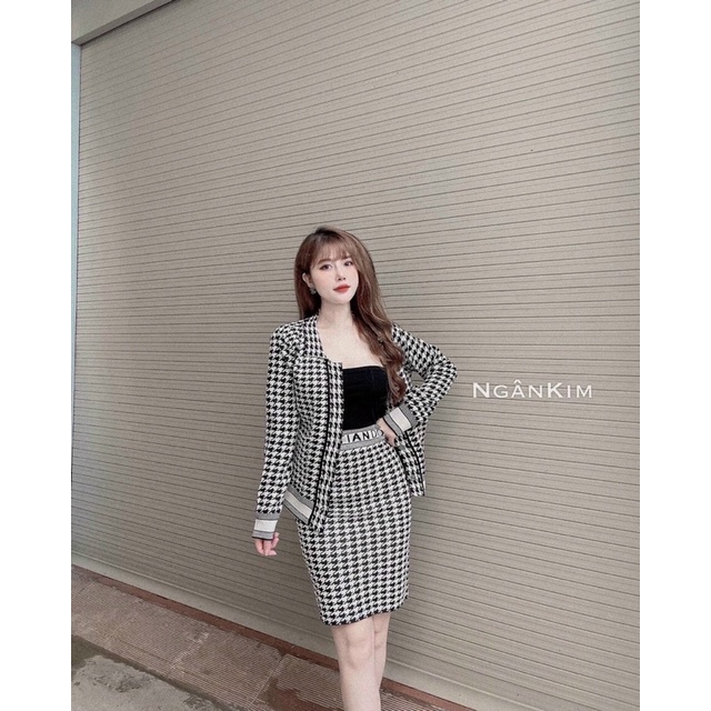 Set len áo khoác + chân váy bút chì hàng QC cao cấp