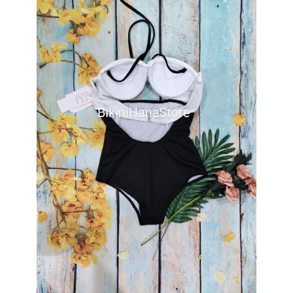 Bikini liền, bikini mảnh hai dây mảnh hai màu trắng đen vải cao cấp