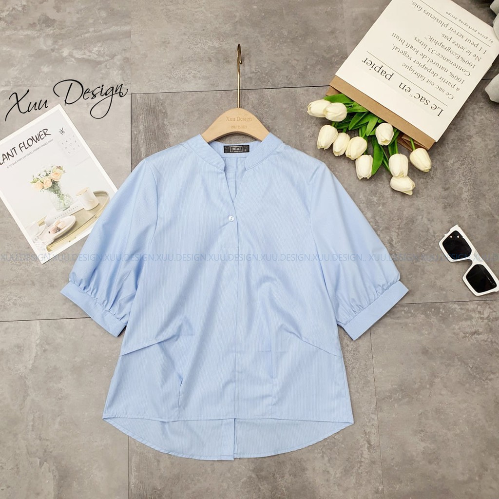 Áo sơ mi nữ công sở Xuu, chất vải kate kẻ tăm xanh cổ V xẻ TK20.44
