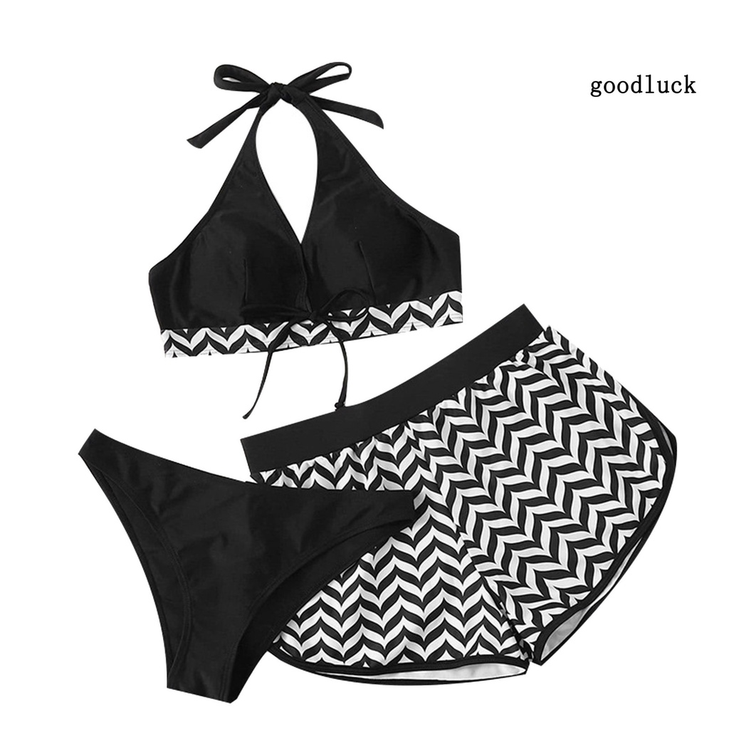 Bộ Đồ Bơi 3 Mảnh Quần Short Lưng Thun Phối Dây Cột Thời Trang Quyến Rũ Cho Nữ