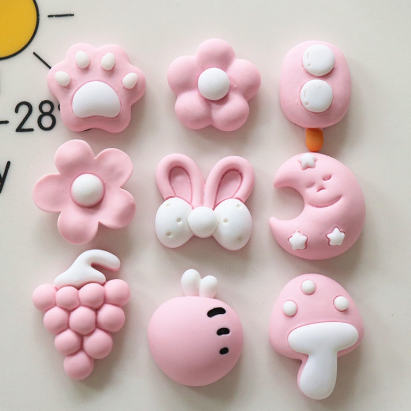 Set 10 Phụ Kiện Trang Trí Ốp Điện Thoại Hình Tai Thỏ / Nấm / Mặt Trăng Màu Hồng / Trắng Dễ Thương DIY