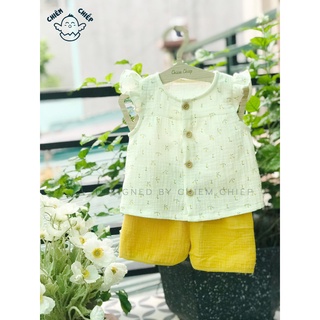 Chiêm Chiếp bộ đồ trẻ em thiết kế cho bé gái muslin hoa vàng