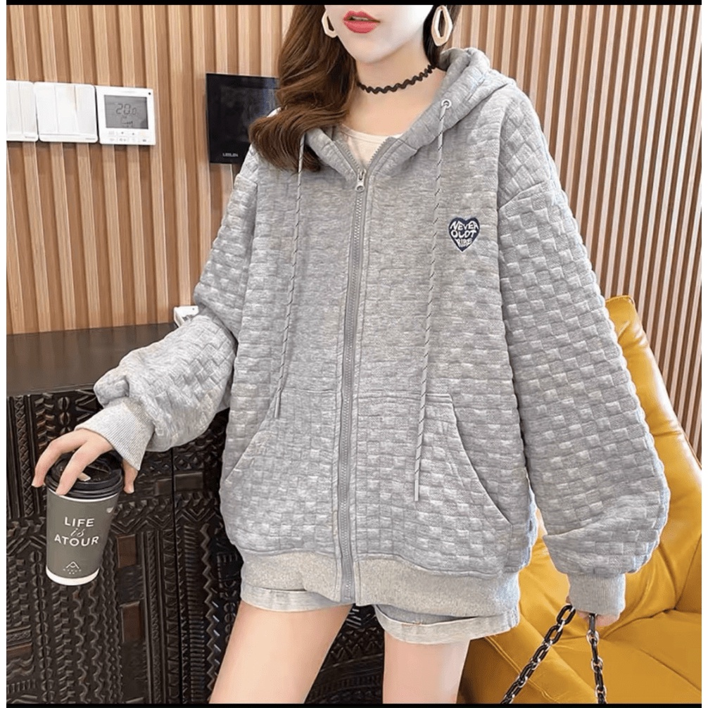 ÁO KHOÁC HOODIE NỮ CHẤT LIỆU VẢI DẬP VÂN CARO CAO CẤP PHỐI HỌA TIẾP TIM SIÊU CUTE