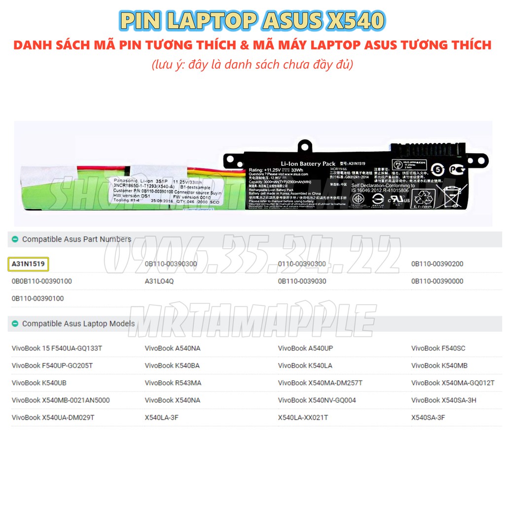 (BATTERY) Pin Laptop ASUS X540 (A31N1519) - 3 CELL - A540 R540 X540 X540LA X540LJ X540SA X540SC X540YA X540S