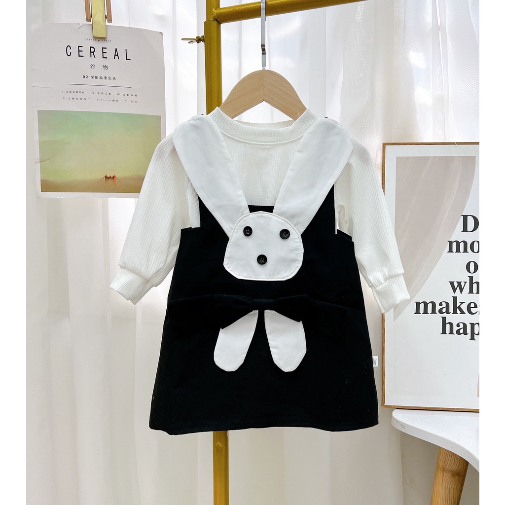 Váy thu đông cho bé gái, váy yếm kaki thêu đắp thỏ kèm áo len tăm mềm mại dễ thương cho bé