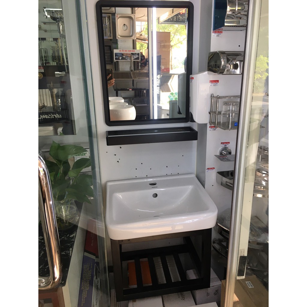 Bộ chậu tủ lavabo mini  gương vuông kèm phụ kiện cho nhà vệ sinh nhỏ