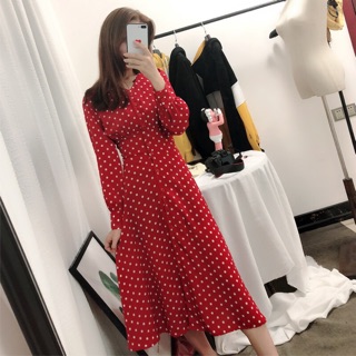 [ORDER] Váy chấm bi đỏ dài tay (có ảnh thật)