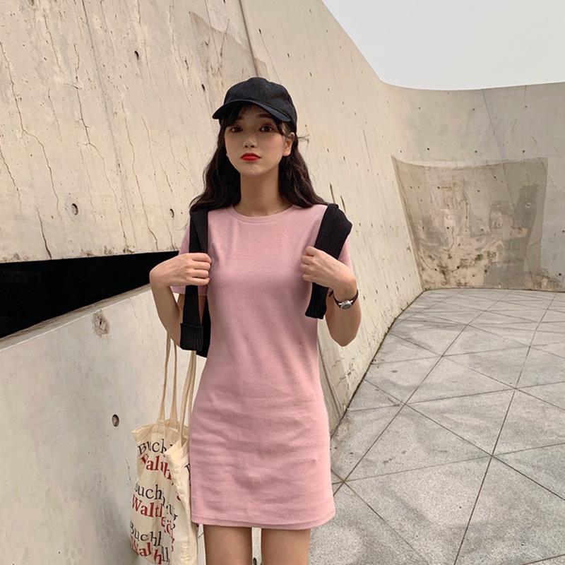 Đầm Chữ A Tay Ngắn Cổ Tròn Màu Trơn Phong Cách Hàn Quốc Thời Trang Cho Nữ