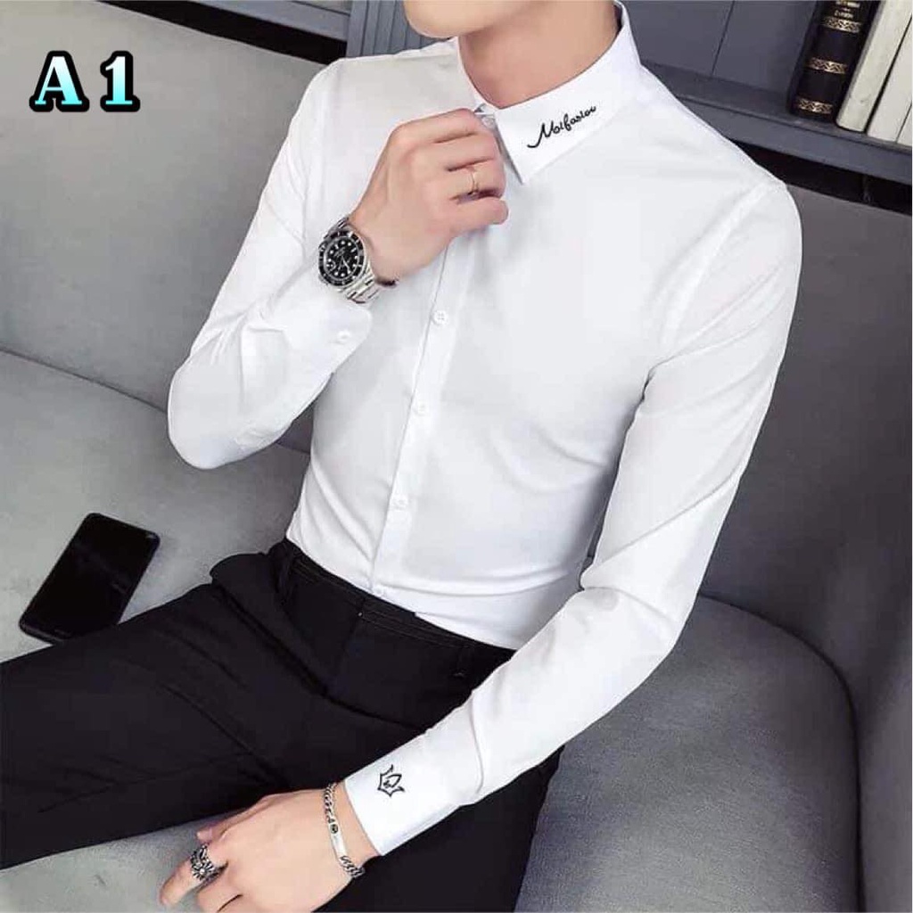 Áo sơ mi nam trơn thêu cổ 2021