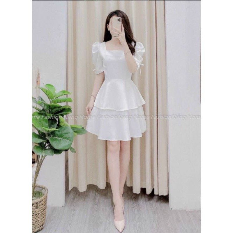 Đầm xòe hai tầng tay phồng kết nơ thanh lịch trẻ trung