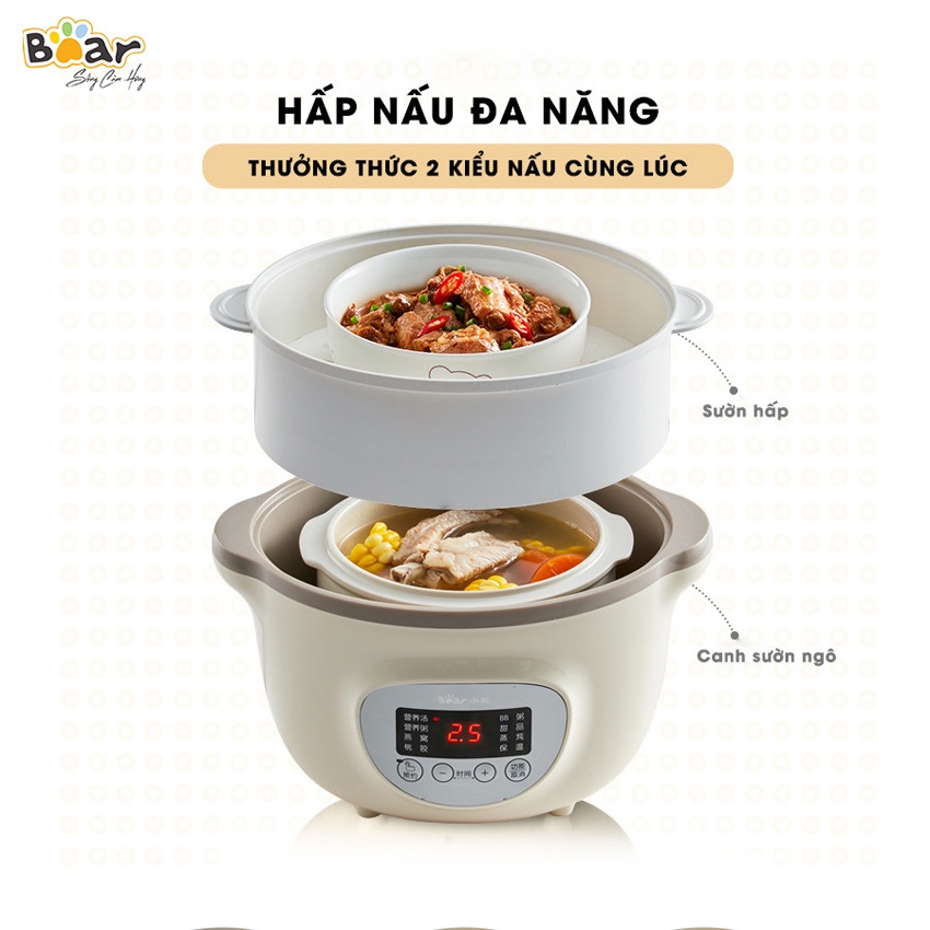 Nồi Nấu Cháo Chậm Cho Bé Bear dung tích 0.8L, 1.6L, 2.5L kèm lồng hấp (1 đổi 1 trong 30 ngày, Bảo hành 18 tháng)