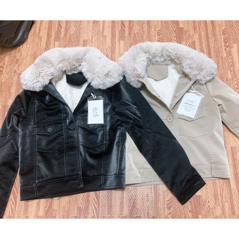 Áo da nhung cổ lông trong lót lông toàn thân túi ngực