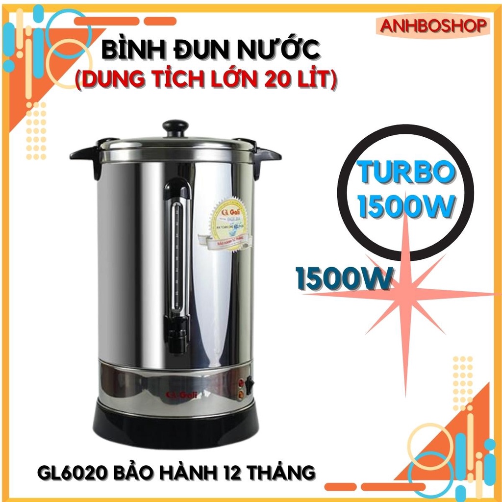 Bình đun nước công suất lớn 1500w-20 lít, Thân nấu bằng 02 lớp inox sus 304, Bộ phận đun sôi bằng mâm đúc,Tặng kèm xửng