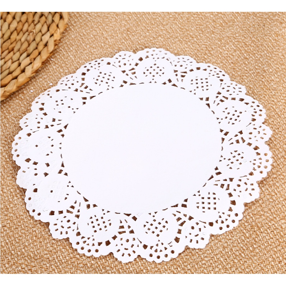 MVP031 Set 140 tờ giấy ren màu trắng, hình tròn, để lót bánh, decor thức ăn, chất liệu giấy thấm dầu cao cấp