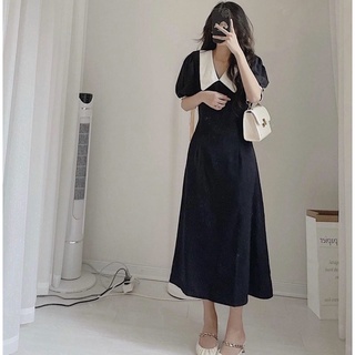 Đầm midi đen cổ trắng form dài 2 màu (kèm hình thật)