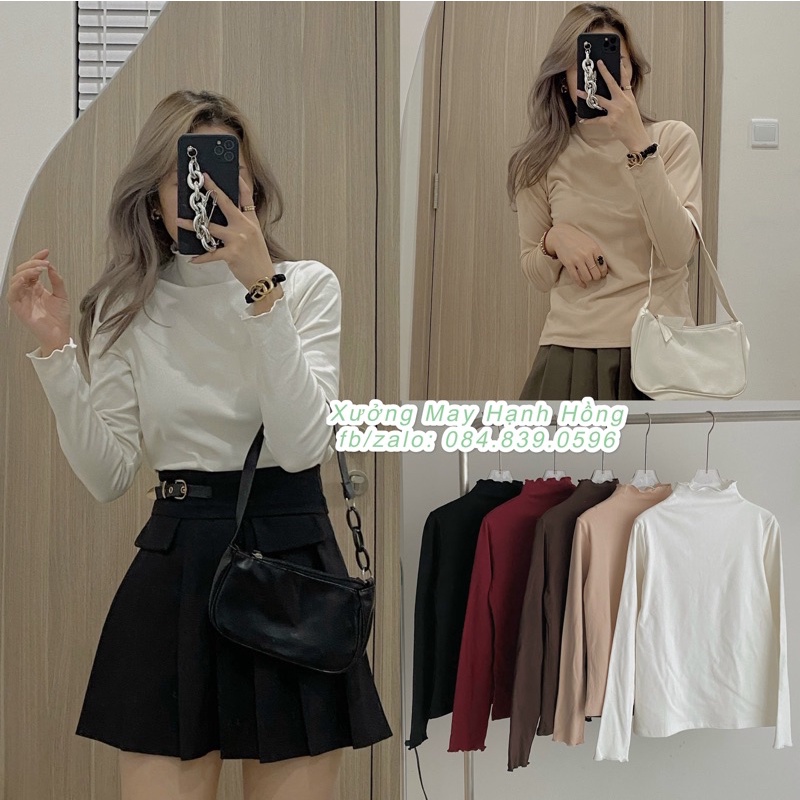 Áo thun ôm cổ xoăn dài tay, Áo giữ nhiệt lót lông cổ bèo Hàn Quốc - Xưởng May Hạnh Hồng