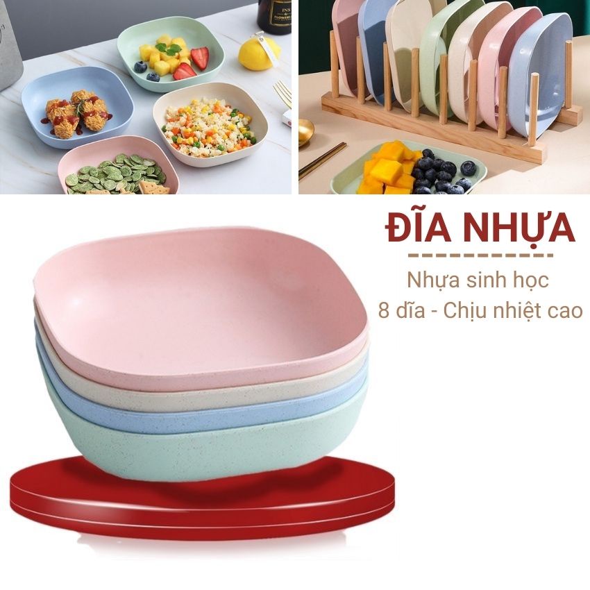 Set 8 Đĩa Lúa Mạch Vuông 4 đĩa sâu 4 đĩa nông đựng trái cây thực phẩm màu pastel nhẹ nhàng chất liệu cao cấp Angola