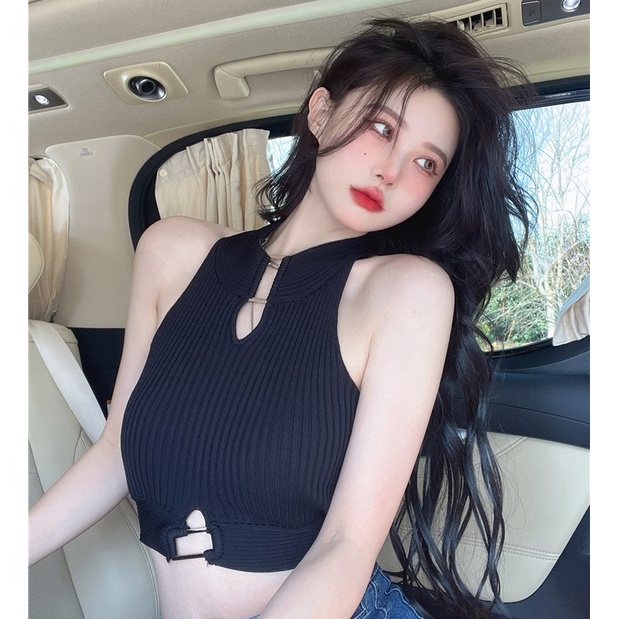 QKOOLE Áo croptop dệt kim không tay phong cách Hàn Quốc thiết kế quyến rũ cho nữ