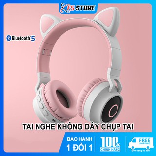 Tai nghe Mèo Bluetooth 5.0 - Tai nghe dễ thương Dạng chụp tai Có led Bass hay
