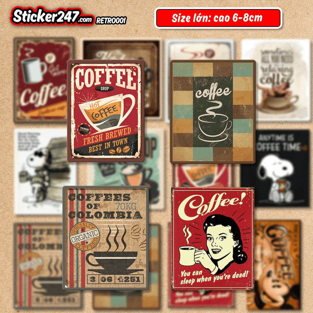 Sticker Vintage Retro Chủ đề Coffee 𝑭𝒓𝒆𝒆𝒔𝒉𝒊𝒑 chống nước, hình decal dán laptop, ipad, mũ bảo hiểm,vali, guitar, ipad
