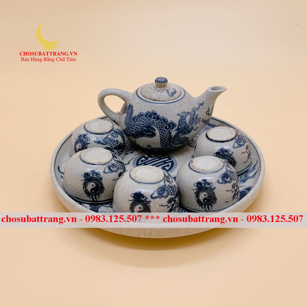 - Bộ ấm chén trà men rạn trơn long phượng / sen 5
